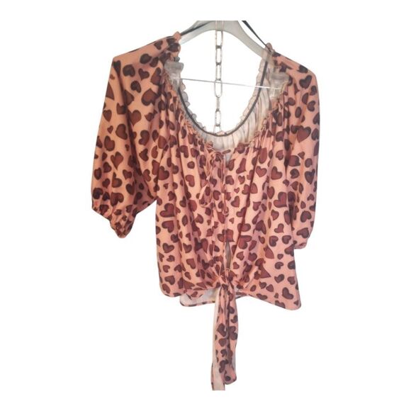 Shein Heart Leopard Print On /Off Shoulder Cropped  Front tie Top - Picture 1 of 10